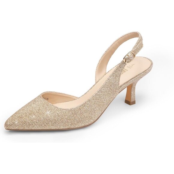 Dream Pairs Women Gold-glitter Faux Suede Pointed Toe Slingback Low Kitten Heels - Picture 1 of 7
